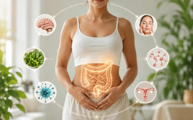 Healthy foods supporting gut health and hormone balance for improved energy, metabolism, mood, and overall wellness.